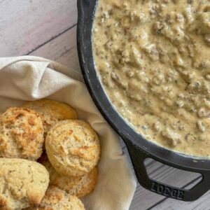 This is the basket of drop biscuits next to the skillet of gravy.