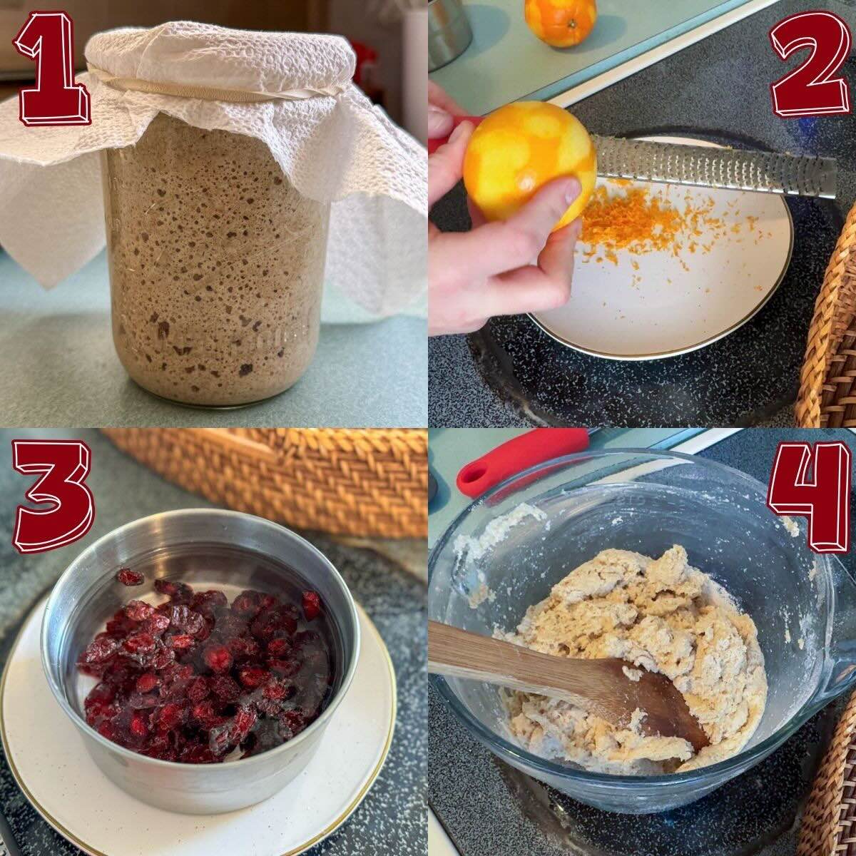 A jar of sourdough starter, zesting oranges on white plate, stainless bowl of soaking dried cranberries, mixing dough with wooden spoon.