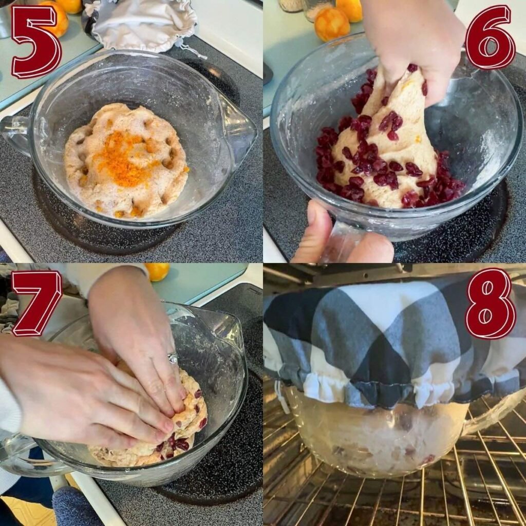 Bowls of cranberry orange sourdough being given inclusions and proofing.