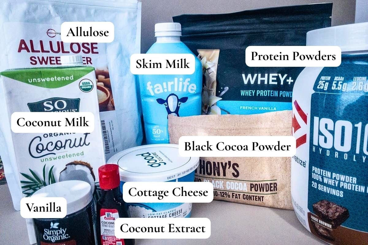 Arrangement of ingredients needed to make the coconut and chocolate flavors.