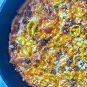 This is the fully baked protein pizza recipe with meat and veggie toppings.