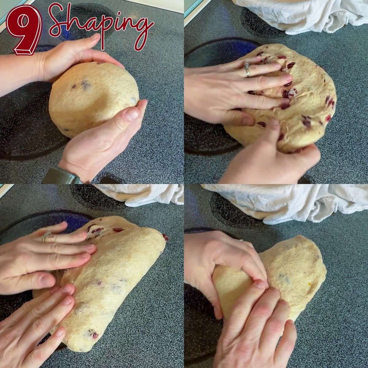 Step by step shaping pictures of cranberry sourdough.