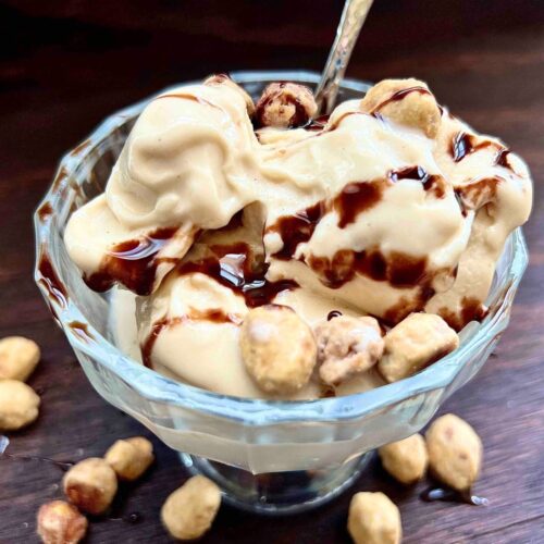 glass dish of peanut butter protein ice cream with chocolate syrup and peanuts on wooden table