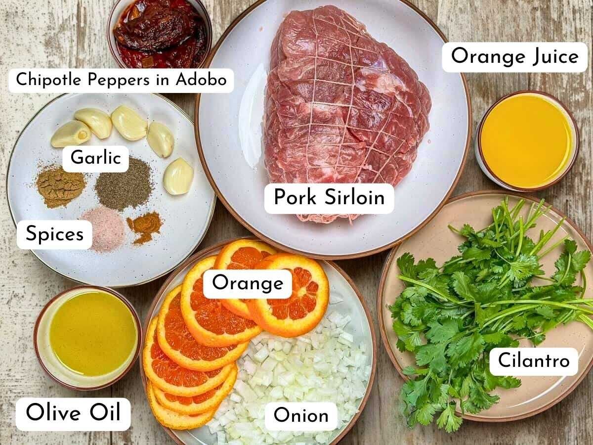 Labeled ingredients for smoked pork sirloin roast on a light background.