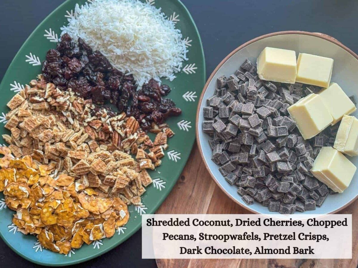 crockpot christmas crack ingredients on green plate and white bowl.