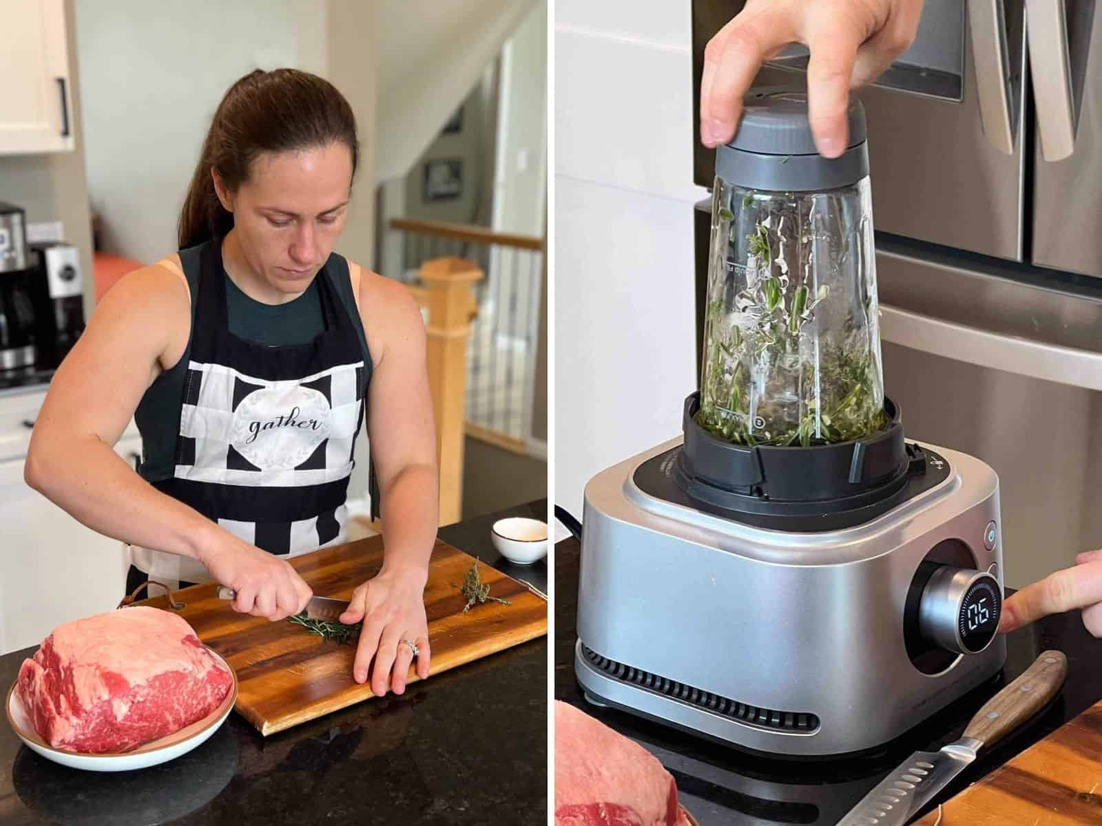 chopping herbs on wooden cutting board and blender cup in blender.
