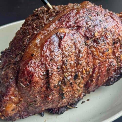 finished ribeye roast on platter