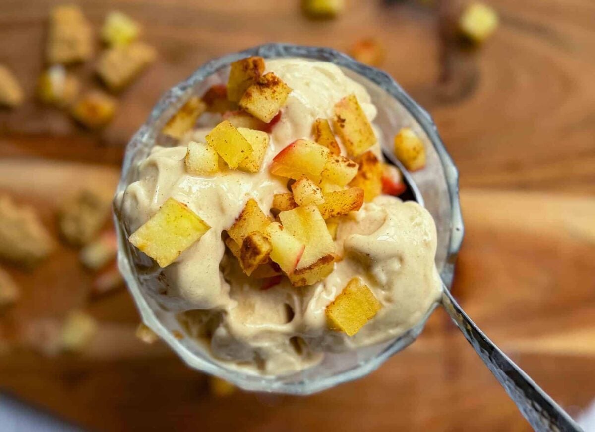 ninja creami cinnamon ice cream in bowl with chopped cinnamon apples