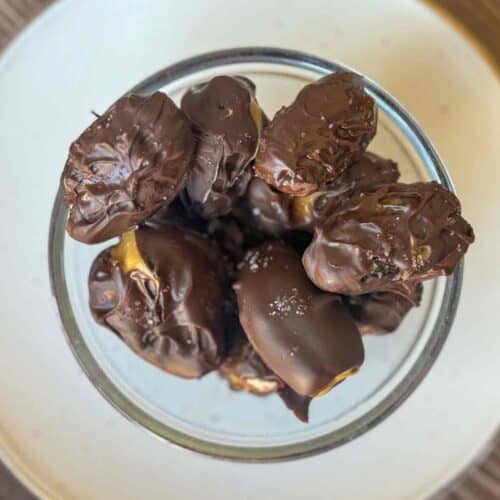 glass bowl of date snicker treats.