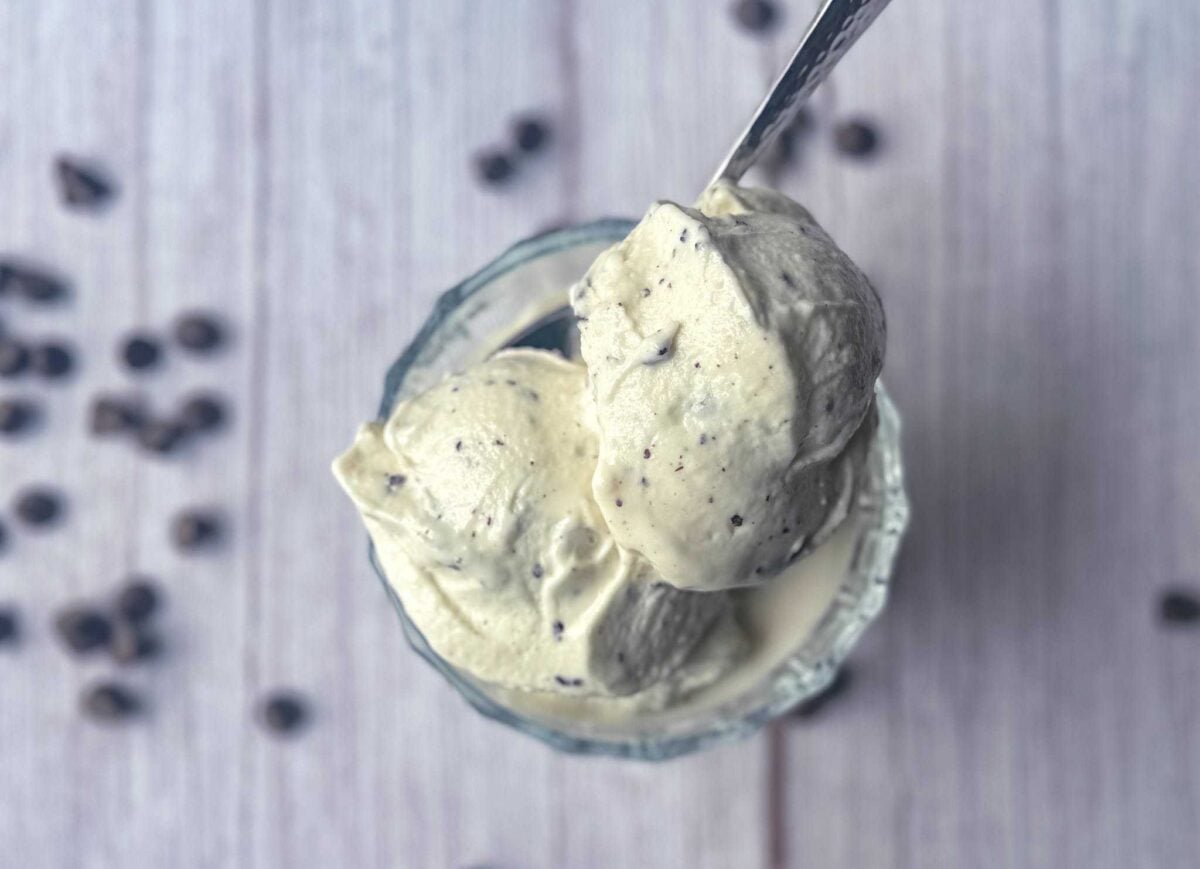 Mint Chocolate Chip ice cream in glass bowl without extra chocolate chips.