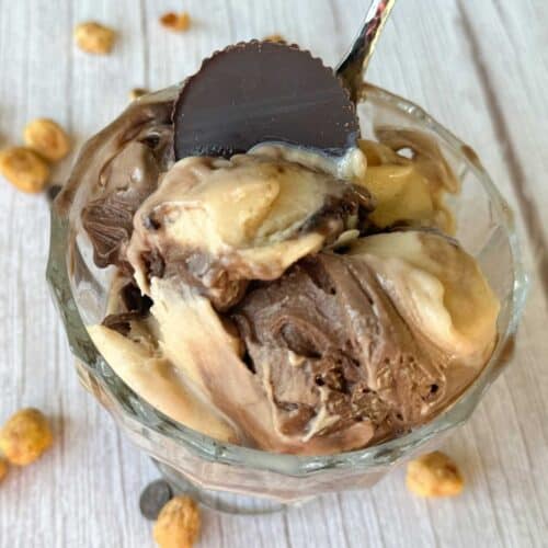 chocolate peanut butter ninja creami swirl ice cream in glass dish.