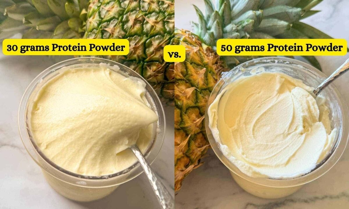 This is a side by side graphic showing how dole whip made with 50 grams of protein powder is thicker than the one made with 30 grams.