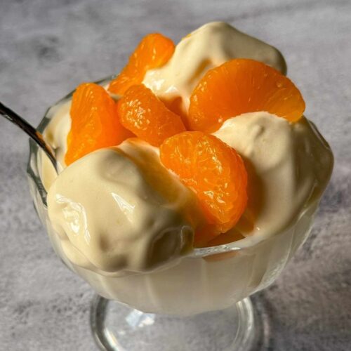This is an ice cream dish with the orange creamsicle Ninja Creami garnished with mandarin oranges.