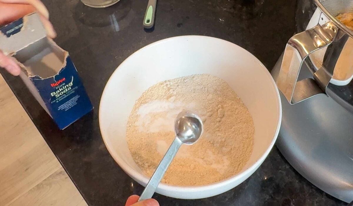 A white bowl of the dry ingredients for the fresh milled cookies.