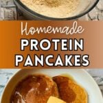 bowl of mix and plate of pancakes for pinterest.