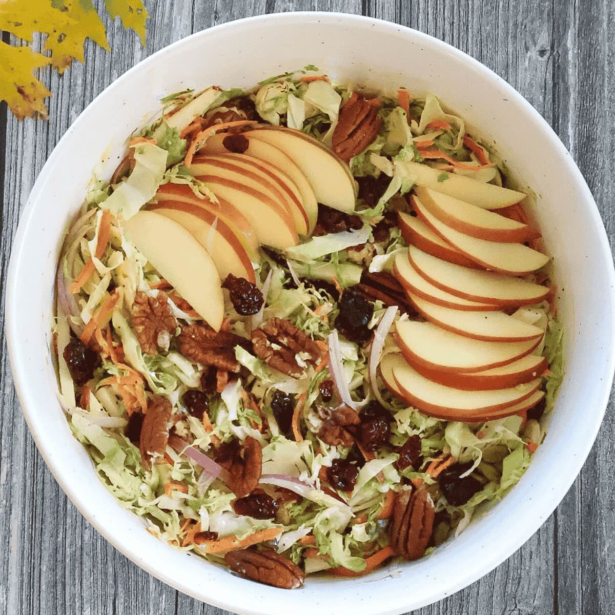 White bowl of cranberry apple coleslaw topped with apple slices for garnish.