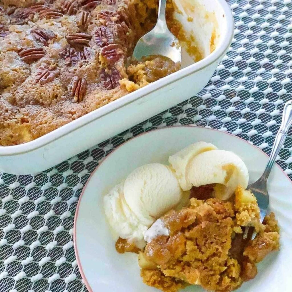 White plate of apple cake with vanilla ice cream with whole pan behind.